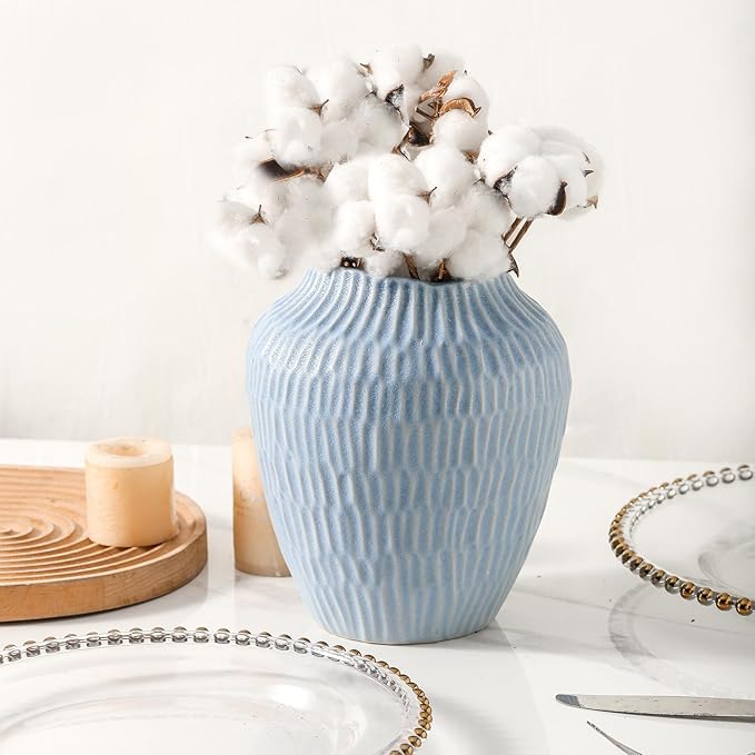 Ceramic Vase for Home Decor,7.8 Inch Flower Vases，Decorative Blue Vase for Pampas Grass，Modern Art Texture Vases for Home Entryway Living Room Dining Table Farmhouse Office Decor-Mat Blue