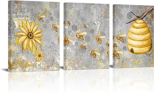 FuShvre Yellow and Grey Canvas Wall Art Honey Bee with Daisy Painting Prints Insect Pictures for Farmhouse Kitchen Decor Framed Ready to Hang 12"x16" Each (Small) (Small, Grey)