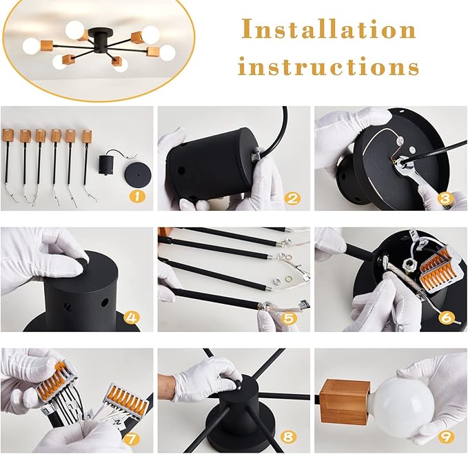 Semi Flush Mount Wood Ceiling Light Fixture 6-Lights Rustic Wooden Sputnik Chandelier Farmhouse Ceiling Lighting Oak and Black with E26 for Dining Room Bedroom Kitchen Lighting Fixture.