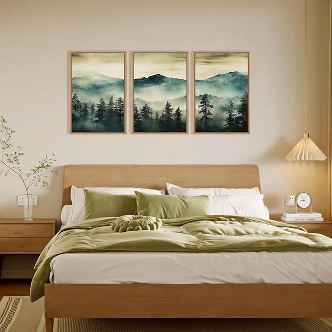 HOURIA Large Boho Mountain Forest Framed Canvas Wall Art Set,Nature Foggy Woodland Wall Decor,Modern Pine Tree Artwork,Watercolor Botanical Art Print for Living Room,Bedroom,Farmhouse- 16"x24"x3