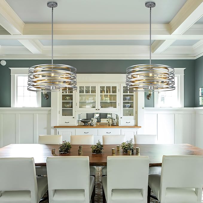 19.7'' Double Round Metal Chandelier, 5-Light Modern Farmhouse Dining Room Lights Over Table, Gold Chandelier for Hallway Kitchen Island Entryway Stairwell, Silver with Gold Interior