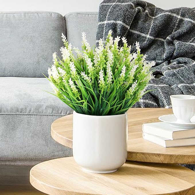 Artificial Plants for Outdoors, 10 Bundles Fake Monkey Grass with White Spring Flowers, Faux Plants Outdoor UV Resistant Realistic Greenery for Garden Window Patio Hanging Porch Home Decoration