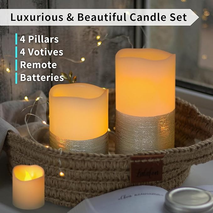 FURORA LIGHTING Silver Real Wax Trim Candles with Remote and Timer Pack of 8, LED Flameless Flickering Candles for Home Décor, Battery Included