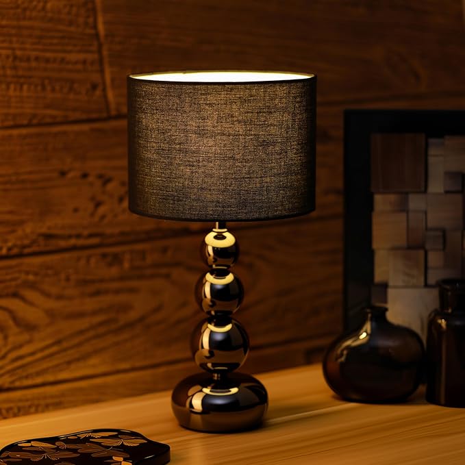 Small Modern Bedside Table Lamp, 7 x 7 x 13 Inch Farmhouse Table Lamps, Black Metal Ball Table Lamp for Living Room Bedrooms and Office (Black Fabric Lampshade)