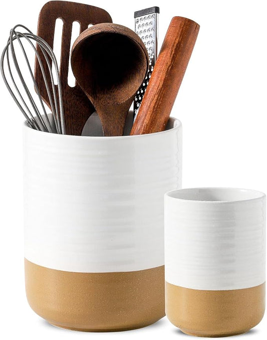 Hasense Ceramic Utensil Holder for Counter, 7.4"+5.5" Large Kitchen Utensil Organizer for Kitchen Utensil, White Cooking Utensil Crock to Hold Spatulas, Farmhouse Decor, Set of 2