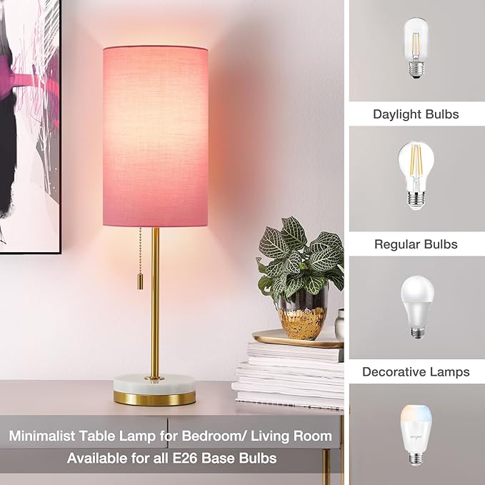 Luvkczc Minimalist Table Lamp Set of 2, Nightstand Lamp for Bedroom Living Room, Modern Pull Chain Bedside Lamp with Marble Base, Fabric Shade, Small Desk Lamp for Home, Office, Reading,Pink