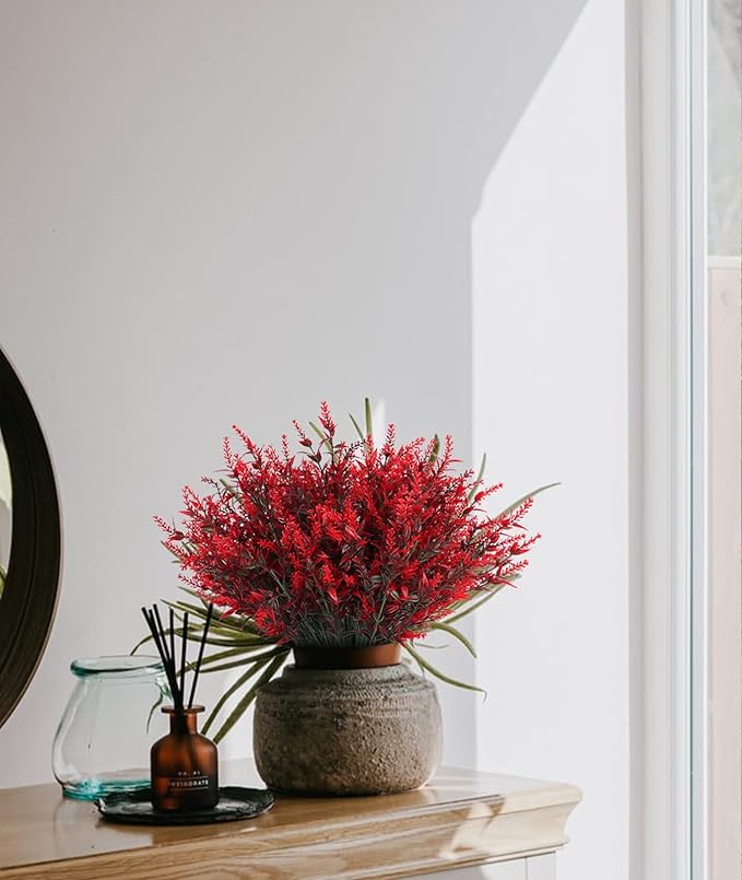 RECUTMS Spring Decoration, Artificial Greenery,36 Pcs Artificial Flowers Outdoors Fake Lavender Plants Indoor UV Resistant Plastic Faux Bouquets for Outdoor Home Garden Porch Decoration(Red)