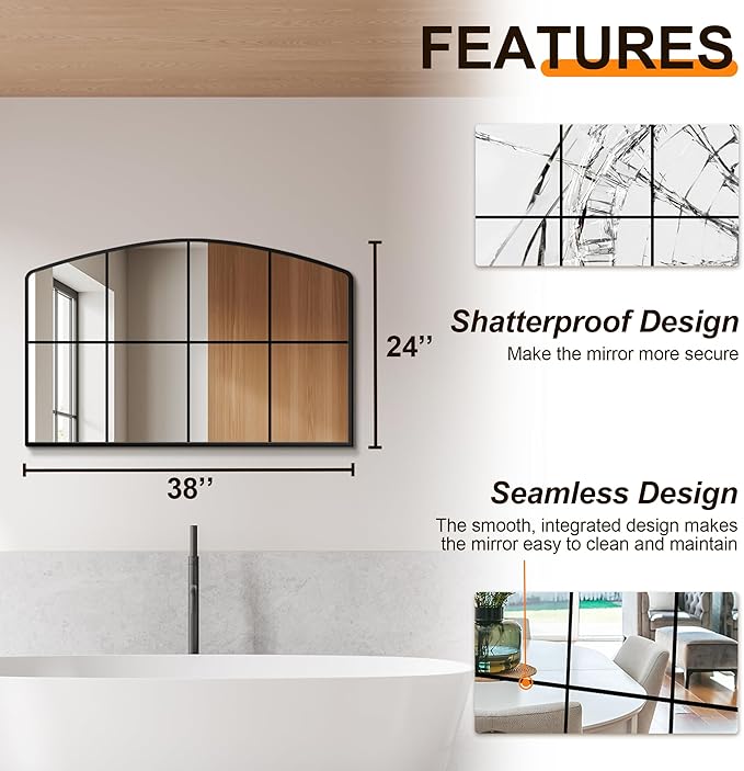 Wall Mirror, Full Length Floor, Window Pane for Living Room Decor, Decorative Wall Art, Large Wall for Bedroom, Hallway, Living Room Arch-38"X24"