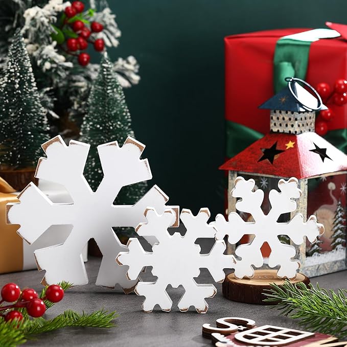 Bucherry 3 Pcs Winter Wooden Snowflake Decor Rustic Winter Snowflake Table Signs Wonderland Wood Blocks Farmhouse Christmas Tiered Tray Decorations for Xmas Table Shelf(Retro White)