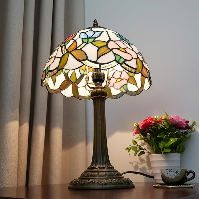 Tiffany Stained Glass Table Lamp, 12 Inch Pastoral Style Morning Glory Design Bedside Lamp, Suitable for Bedroom, Dining Room and Other Home Decoration Art (Pink, Blue and Orange)