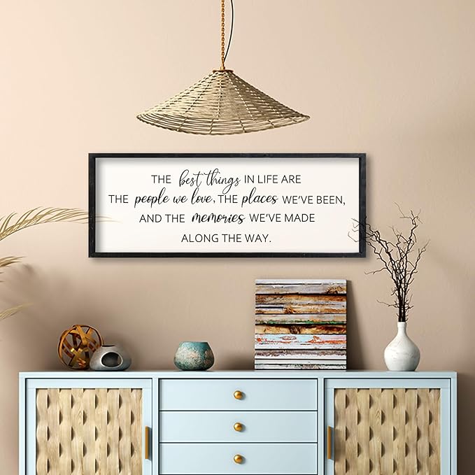Comurdyo The Best Things in Life Sign 32''×12'' Framed Wood Memories Inspirational Quotes Wall Decor Vintage Farmhouse Wedding Gifts Sign Wall Art for family Home Bedroom (Black)