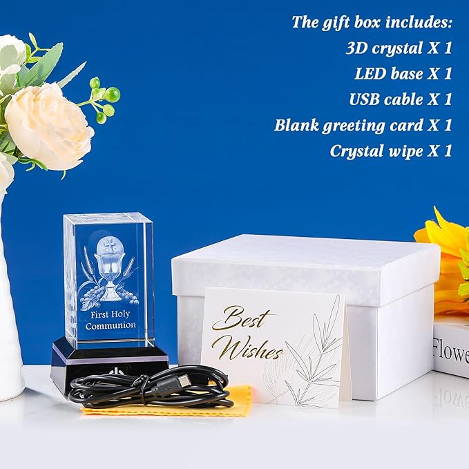 Movdyka 3D Crystal First Communion Gifts for Girls Boys Decorations Laser Engraved 3D Holy Grail Figurine Catholic Baptism Gifts with Colorful LED Base