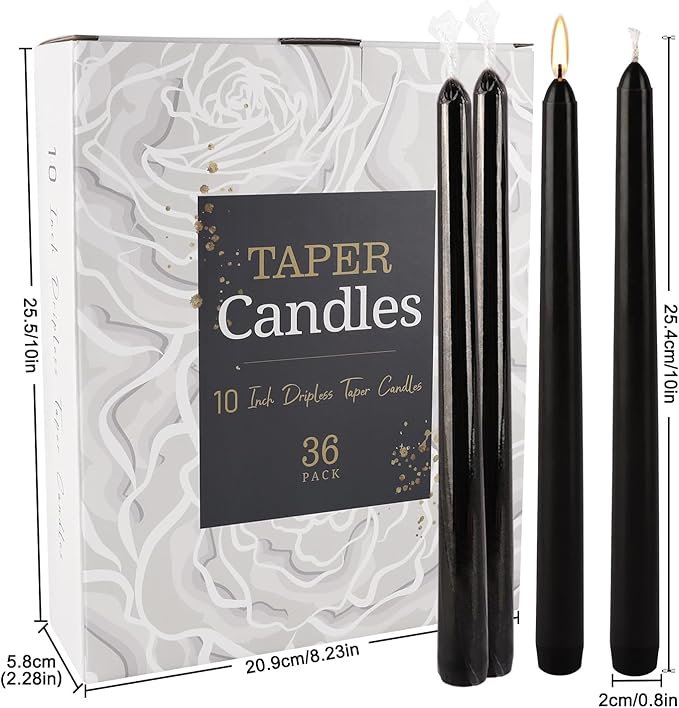 36-Pack 10-Inch Black Taper Candles - Drip-Free Unscented, Long Burning for Dinner Parties, Halloween, Home Decor, Spells & Rituals, Meditation, Prayer (25.4 cm)