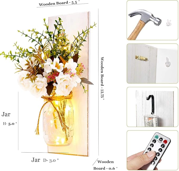 Rustic Wall Sconces Mason Jar Sconces Handmade Wall Art Hanging Design with Remote Control LED Fairy Lights and White Peony, Christmas Decor Gifts Farmhouse Home Decor Living Room Lights Set of Two
