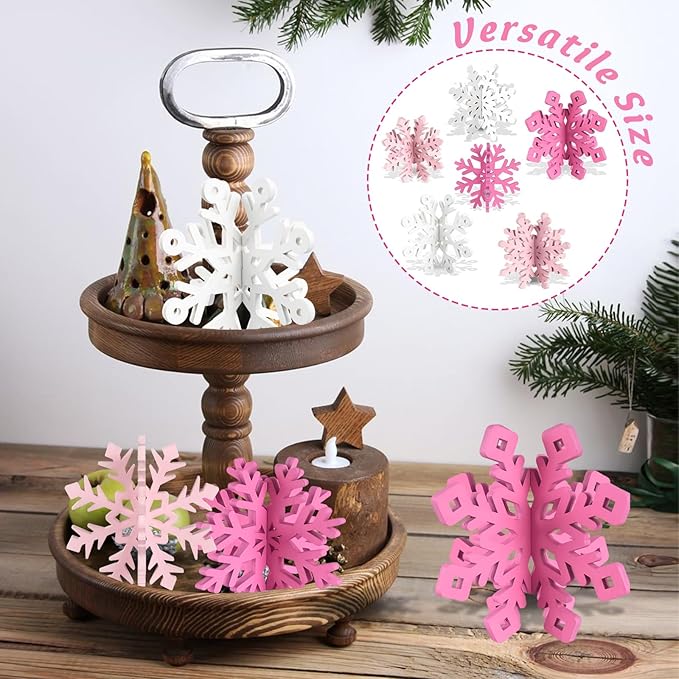 OuMuaMua 6 Set Snowflake Christmas Table Decorations - 12pcs Pink White Wooden 3D Snowflake Decor Tabletop Centerpiece for Christmas Party Supplies Home Decor