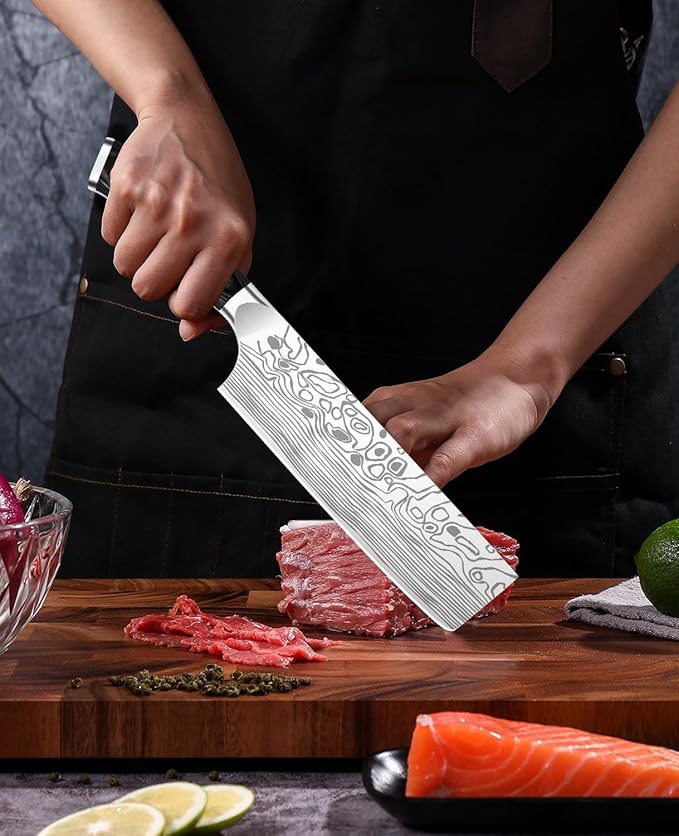 MOSFiATA 7” Nakiri Chef's Knife with Finger Guard, German High Carbon Stainless Steel EN1.4116 Vegetable Knife, Multipurpose Kitchen Knife with Micarta Handle in Gift Box