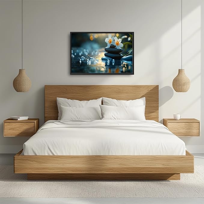 Zen Framed Wall Art for Living Room, Large Lotus Canvas Wall Decor, Stones in Water Landscape Pictures Painting, Modern Artwork for Spa Bathroom Bedroom 36L'' × 24W''