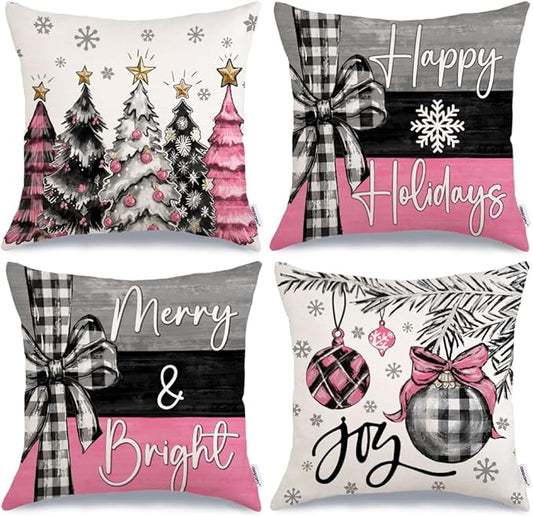 GEEORY Christmas Throw Pillow Covers 20 x 20 Inch Set of 4, Xmas Trees Merry and Bright Happy Holidays Farmhouse Decorative Cushion Cases for Home Decoration G596-20