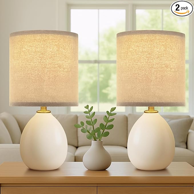 18.5" Table Lamp Set of 2 for Living Room Bedroom, Bedside Lamps for Night Stands, Desk Nightstand Lamp Dimmable, Modern Linen Cream Ceramic Lamps