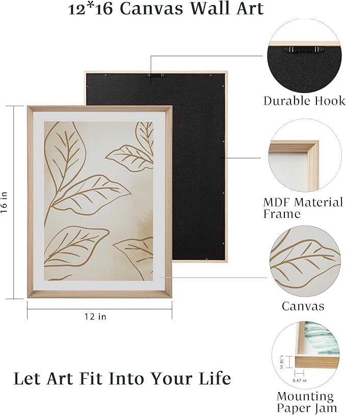 UPWOIGH Boho Canvas Wall Art(No Plexiglass), Framed High Side Wall Art, 16x12in Yellow-Brown Abstract Woman and Leaf Lines Minimalist Wall Decor for Living Room Bedroom Set of 3
