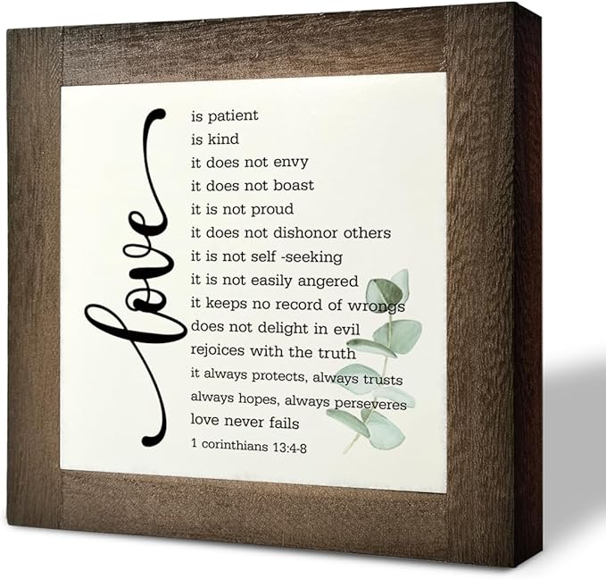 Bible Verse Corinthians 13:4-8 Box Sign, Love Never Fails, Wooden Plaque Gift Tabletop, Rustic Love Sign, Wood Block Plaque for Anniversary, Religious Home Decor, Gift for Couple, Wedding Gift C1