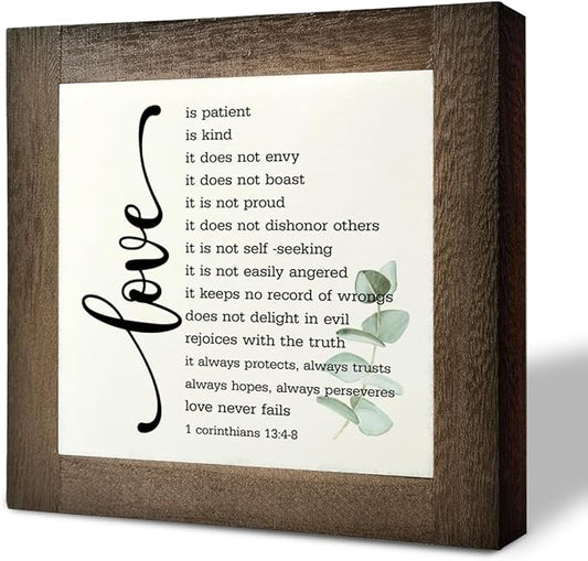 Bible Verse Corinthians 13:4-8 Box Sign, Love Never Fails, Wooden Plaque Gift Tabletop, Rustic Love Sign, Wood Block Plaque for Anniversary, Religious Home Decor, Gift for Couple, Wedding Gift C1