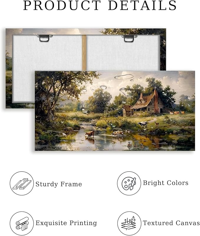 crmotu Large Wall Art for Living Room, Farm Landscape Canvas Painting, Riverside Forest Cottage Scenery Art Prints, Animal Cow Sheep Modern Farmhouse Bedroom Bathroom Pictures Wall Decor 30"X60"