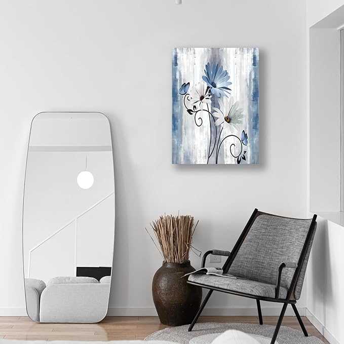 Blue Flowers Canvas Wall Art Bathroom Wall Decor, Blue and White Daisy Flower and Butterfly Canvas Wall Art Framed Artwork Ready to Hang for Living Room Bedroom Decor, 12x16in