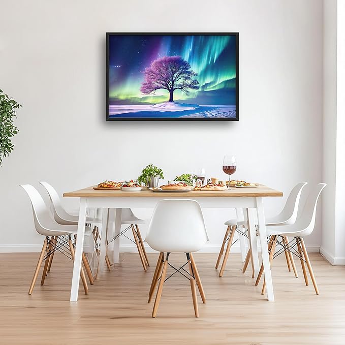 Tree of life Large Framed Wall Art Aurora Polar Lights Pictures Oversized Wall Decor Purple Aurora Polaris Canvas Print Painting Aesthetic Modern Artwork for Living Room Bedroom Office Bathroom Home Decor 36L"x24W"