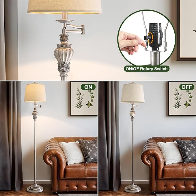 61" Vintage Floor Lamp with 350° Adjustable Swing Arm, Tall lamp Standing Lamp for Living Room Bedside Bedroom Nightstand Retro Farmhouse Mid Century Lamp Light Home Décor Office Gifts