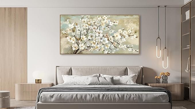 arteWOODS Flowers Framed Wall Art - Beige Flower Branches Canvas Pictures Wall Decor Rustic Brown Botanical Painting Artwork Elegant Floral Prints for Living Room Bedroom 48 x 24in Natural Wood Frame