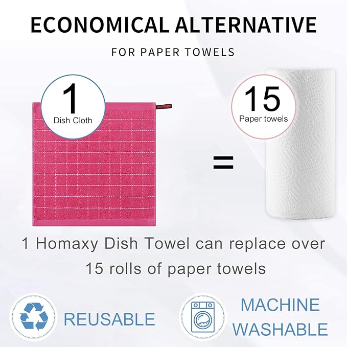 Homaxy 100% Cotton Terry Kitchen Dish Cloths, Ultra Soft and Absorbent Dish Towels for Kitchen, Suitable for Drying and Washing Dishes, 6 Pack, 12 x 12 Inches, Rose Red