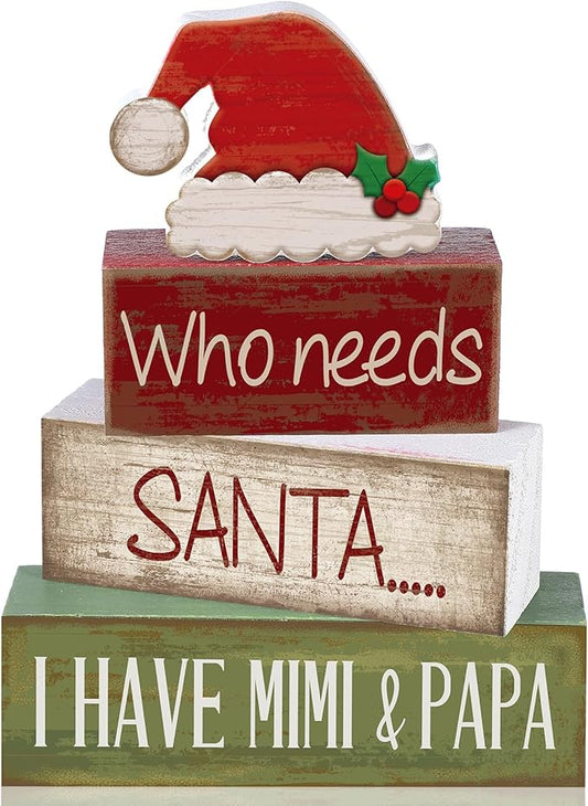 4 Pcs Christmas Table Decorations Wooden Red Santa Hat Christmas Tiered Tray Decor Rustic Wood Santa Hat Block Sign Xmas Centerpiece Mimi and Papa's Gift Decor for Home Shelf Kitchen