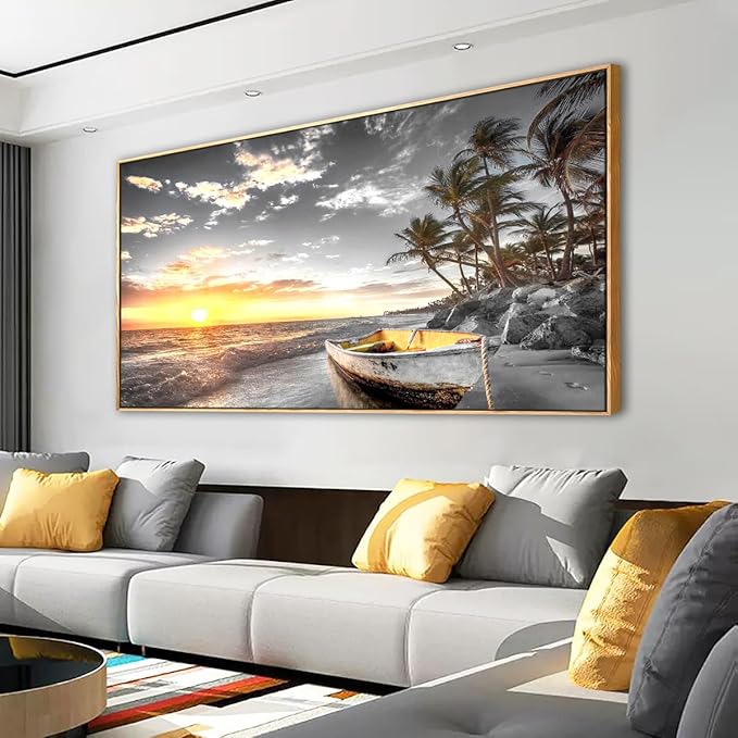 Beach Wall Art Sunset Seascape Pictures Bedroom Decor Boat Tree Ocean Landscape Canvas Wall Art for Living Room Office Natural Scenery Artwork 20 * 40inch