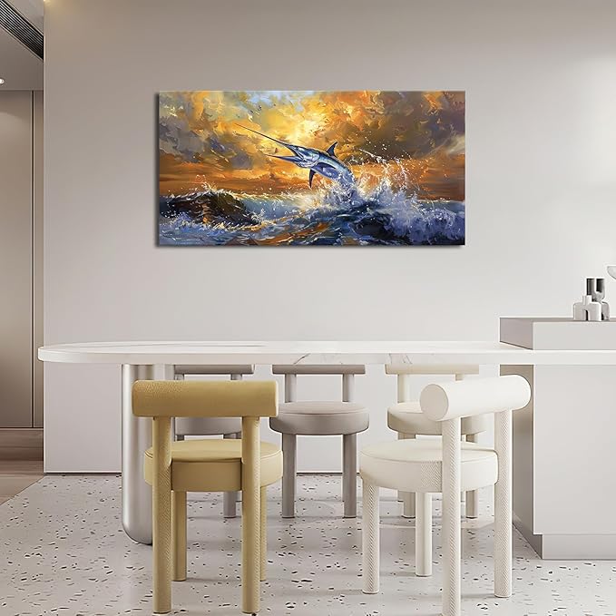 Mecowcm 30x60 inch Large Nautical Fish Wall Art Swordfish Pictures Wall Decor Abstract Ocean Marine Life Canvas Print Coastal Wave Painting Artwork Home Decorations for Living Room Bedroom Office