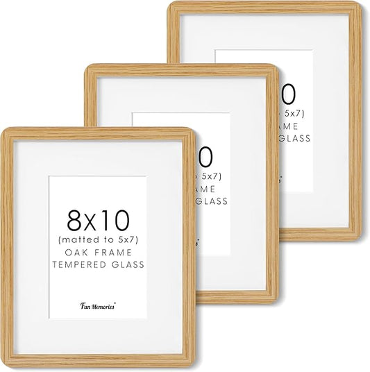 8x10 Picture Frame, Rustic 8 by 10 Photo Frame for Wall & Tabletop Display - Solid Oak Wood & Tempered Glass, 8x10 Picture Frame Matted to 5x7, Wood Collage Frames for Home, Natural Oak Color, 3 Pack