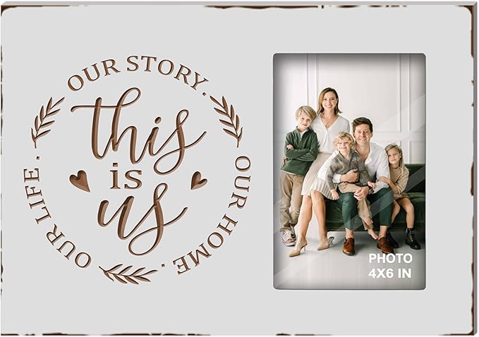 Buecasa White Rustic Engraved This Is Us Picture Frames 4x6 Inches Tabletop - Carving Housewarming Wedding Couples Romantic Gifts - Farmhouse Family Love Quotes New Home Decor
