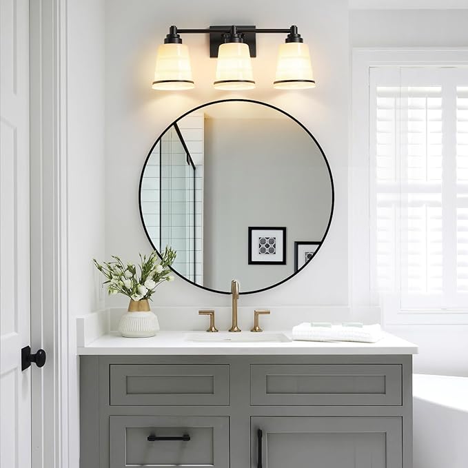 Black Bathroom Vanity Light Fixture,3 Light Bathroom Light Fixtures Over Mirror with Milky White Glass and Metal Base Wall Sconce,21.3 inch Modern Vanity Light for Bathroom (Exclude E26 Bulb)