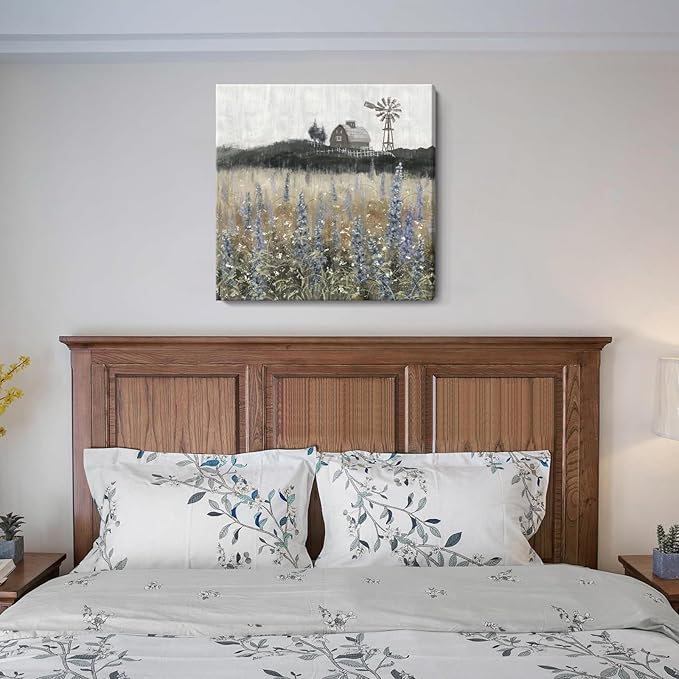 Farmhouse Wall Art for Living Room Classical Scenery Canvas Print Rustic Countryside Wildflower Field Landscape Nature Wilderness Meadow Picture Vintage Windmill Barn Painting Framed Artwork 24x24inch