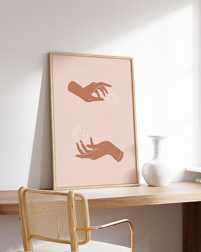 HAUS AND HUES Sun and Moon Astrology Posters - Spiritual Wall Art and Celestial Hands Top and Bottom Astrology Room Decor Posters Spiritual Boho Prints Wall Art and Prints (Beige Frame, 24x36)