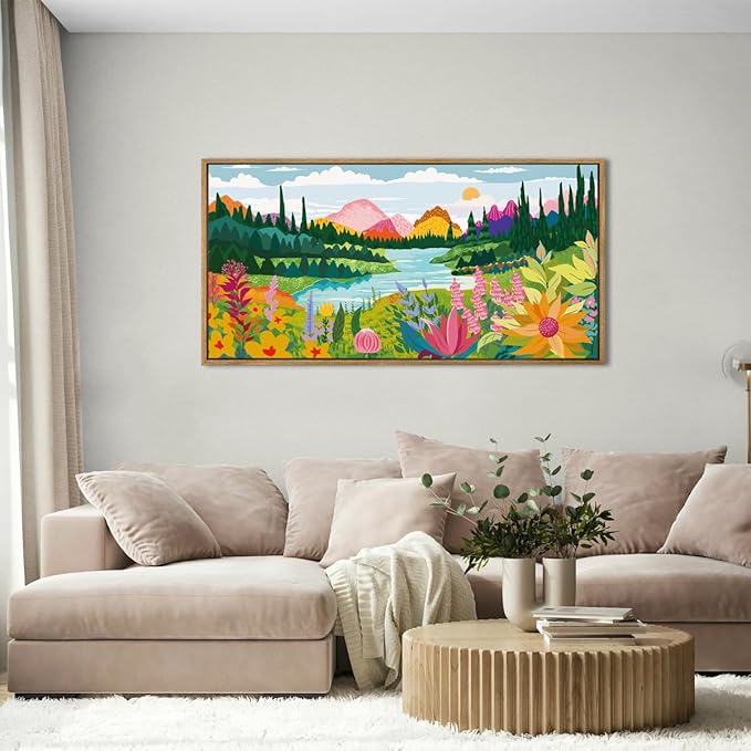 ANHUIB Large Colorful Wall Art 20x40 Inch Framed Abstract Floral Wall Decor Forest Woodland Painting Muticolor Mountain Range Illustration for Living Room Dining Room Bedroom