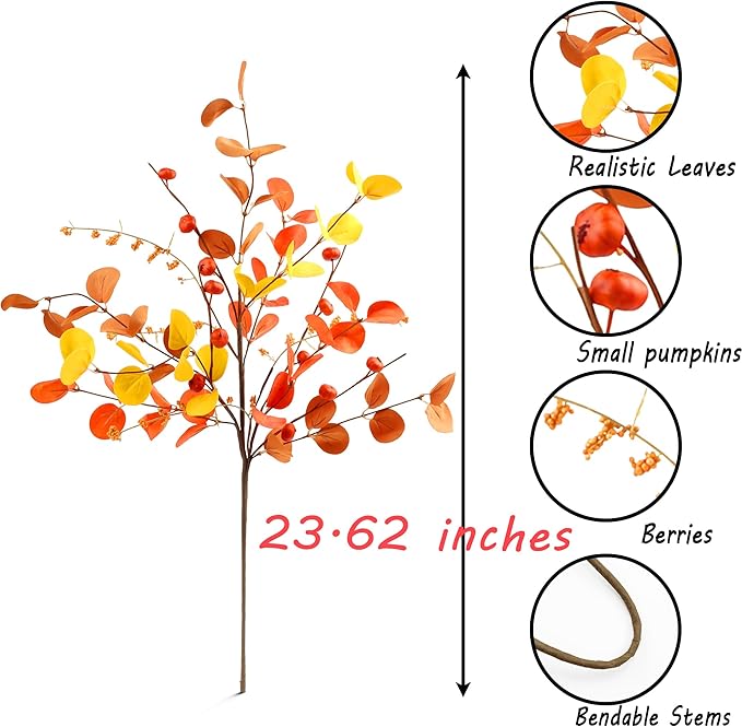 SITUMEIZI 6 Pcs Fall Stems Eucalyptus Artificial Fall Leaves Tall Autumn Decor 24" Foam Leaf Branches for Fall Halloween Thanksgiving Decoration Floral Arrangements