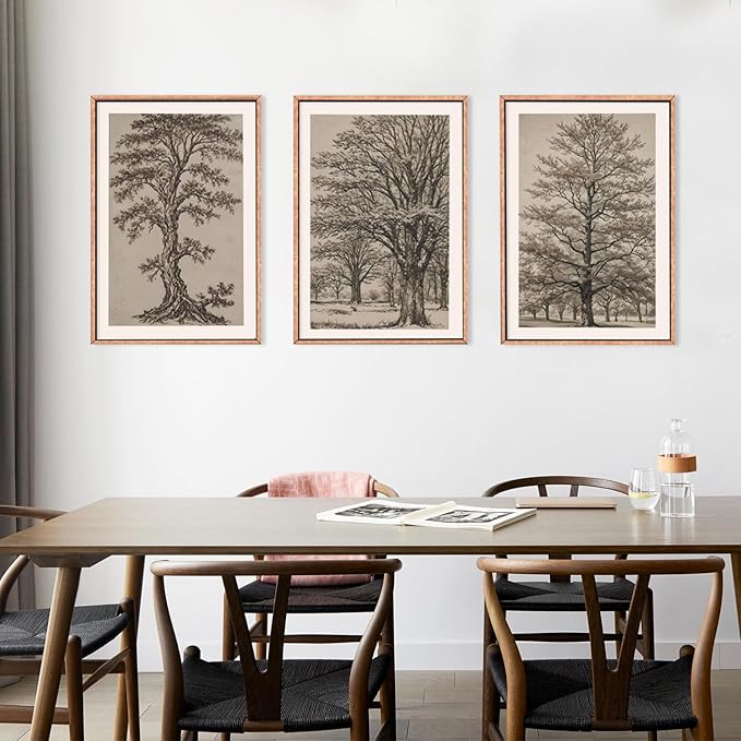 HOURIA Vintage Tree Sketch Framed Canvas Wall Art Set,Natural Brown and Gray Woodland Wall Decor,Mid Century Nature Forest Artwork,Textured Botanical Art Print for Living Room,Bedroom,Office-24"x36"x3