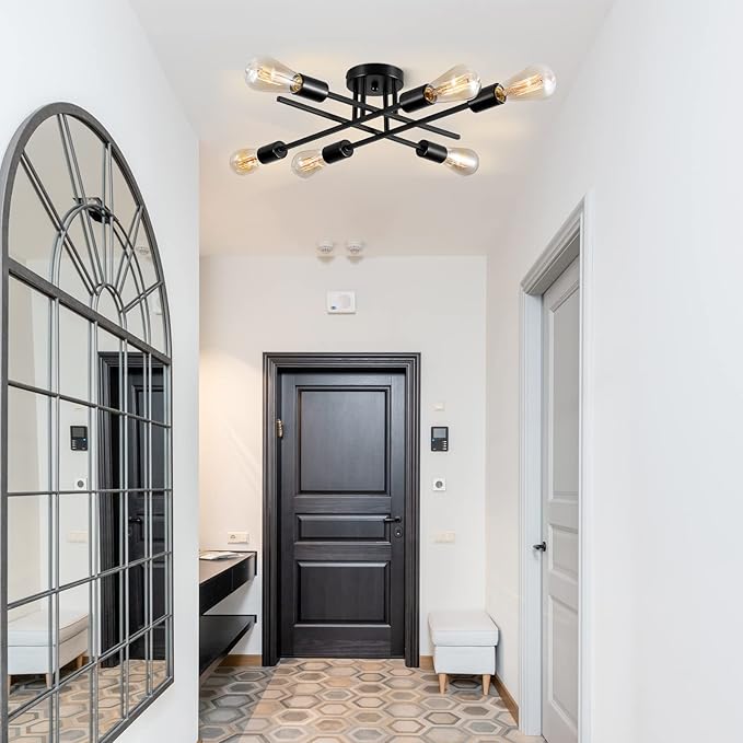 Sputnik Chandeliers, Modern Semi Flush Mount Ceiling Light with E26 Base, Mid Century Industrial Kitchen Farmhouse Light Fixtures for Bedroom Living Room (Black, Ceiling 6 Lights (Lengthen))