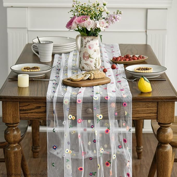 Artoid Mode 3PCS Embroidery Daisy Gauze Table Runner 120 Inch 10FT, Seasonal Sheer Kitchen Dining Holiday Wedding Birthday Table Decor for Home Party
