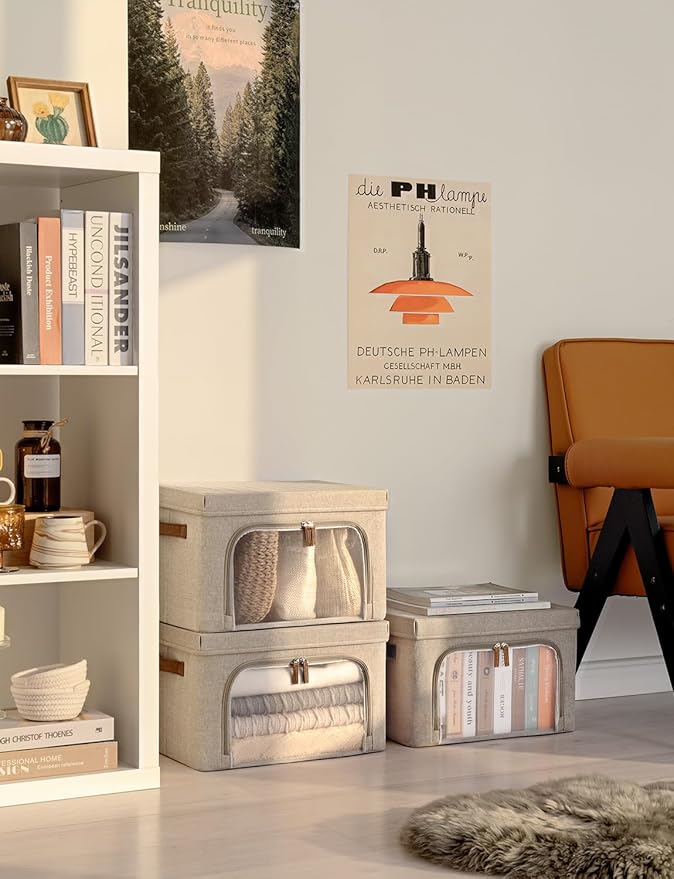 StorageWorks Storage Bins with Lids, Decorative Boxes with Clear Window for Clothes, Fabric Collapsible Baskets for Closet Organization, Medium, Brown, 3 Packs