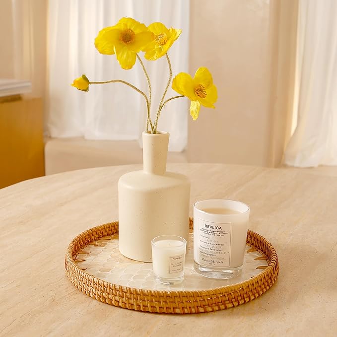 Round Rattan Tray with Mother of Pearl Inlay & Wooden Base - Decorative Wicker Serving Tray for Coffee/Bread/Fruits, Food Storage & Display - Multipurpose Home Decor (M,Fish Scales)