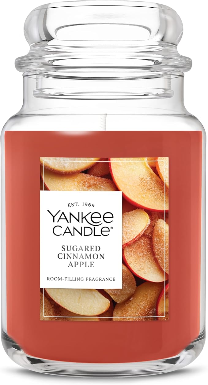 Yankee Candle Large Jar Scented Candle with up to 150 Hour Burn Time, Premium Plant Wax Blend for Consistent Burn, 22 oz Jar Candle with Room Filling Fragrance, Sugared Cinnamon Apple