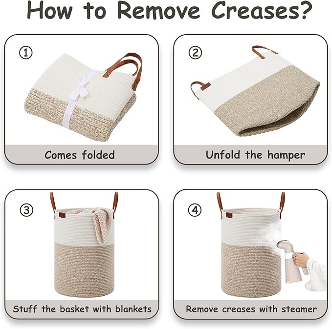 VIPOSCO Small Laundry Basket, Slim Baby Hamper with Leather Handle, Cute Woven Rope Storage Basket for Blanket, Kids Toy, Clothes In Living Room, Bathroom, Bedroom, Nursery Room - 30L White & Brown