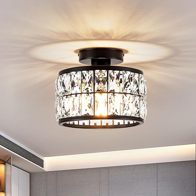 Crystal Ceiling Light Fixture, Modern Semi Flush Mount Ceiling Light,Crystal Chandelier for Kitchen Bedroom Bathroom Entryway, Black Finish